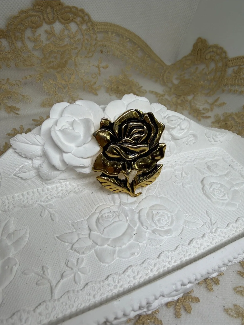 Vintage BALLOU REG’D Gold Tone Rose Brooch – Sculptural Floral Estate Pin 70’s